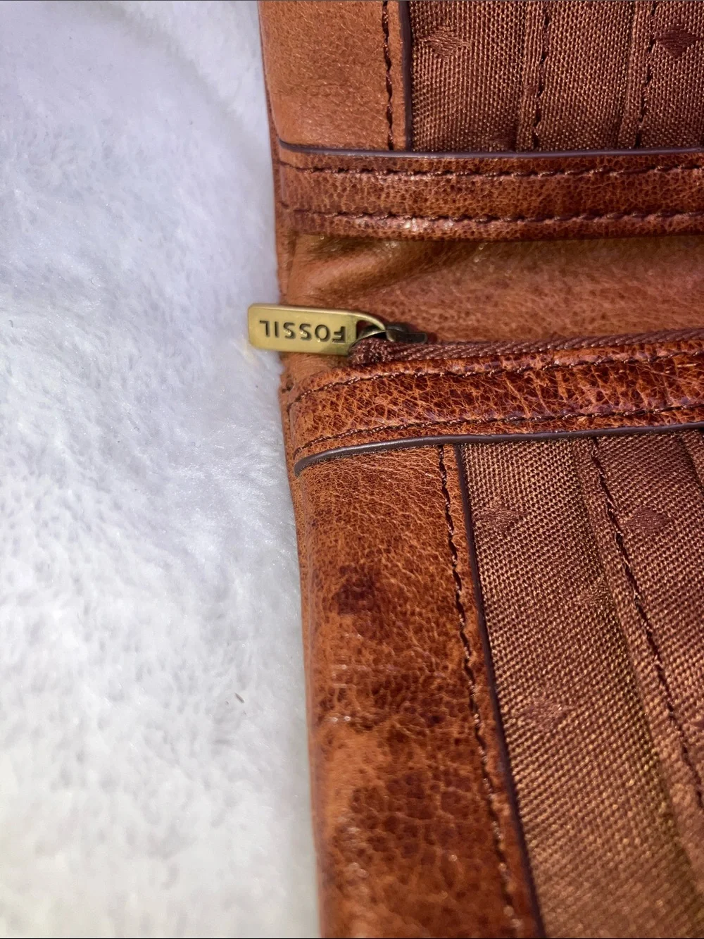 Fossil Brown Leather Zip & Flap Wallet with Gold Plaque